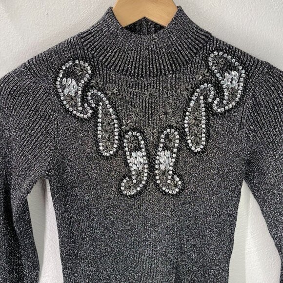Vintage Size SMALL Beaded Embellished Small-Rib Crystal Sparkly Silver Sweater - Picture 3 of 11
